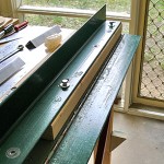 4"X2" pine screwed to brake base with coach screws ready to cramp material before bending.